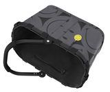 Grauer Einkaufskorb mit schwarzem Griff und Smiley-Button, Ansicht von unten.