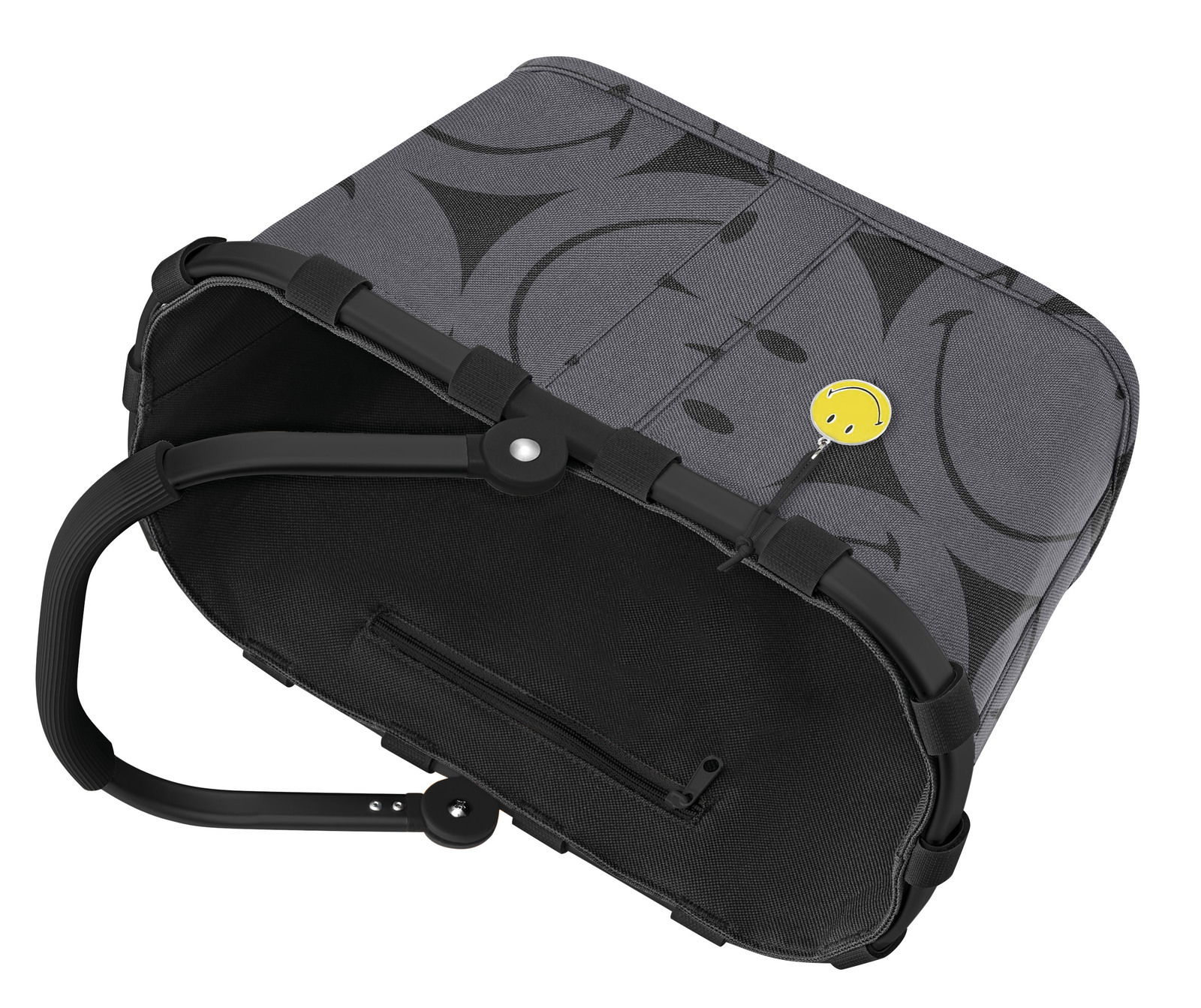 Grauer Einkaufskorb mit schwarzem Griff und Smiley-Button, Ansicht von unten.