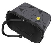 Grauer Einkaufskorb mit schwarzem Griff und Smiley-Button, Ansicht von unten.