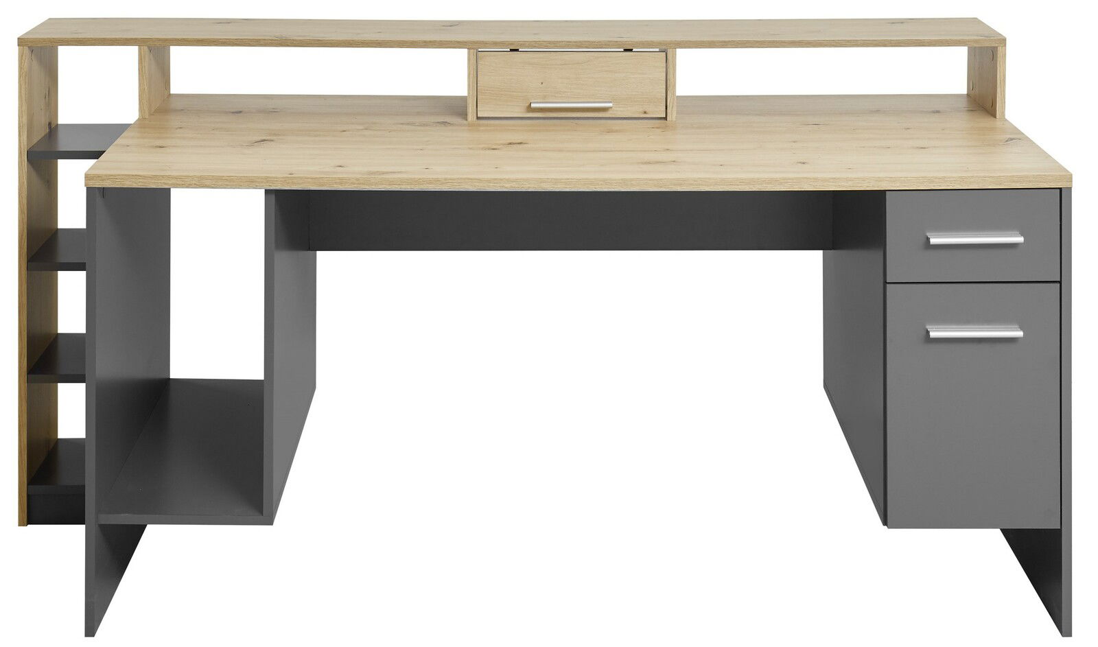 Moderner Gaming-Schreibtisch mit Holz- und Grautönen, frontal betrachtet, mit mehreren Ablageflächen und Schubladen.
