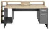 Moderner Gaming-Schreibtisch mit Holz- und Grautönen, frontal betrachtet, mit mehreren Ablageflächen und Schubladen.