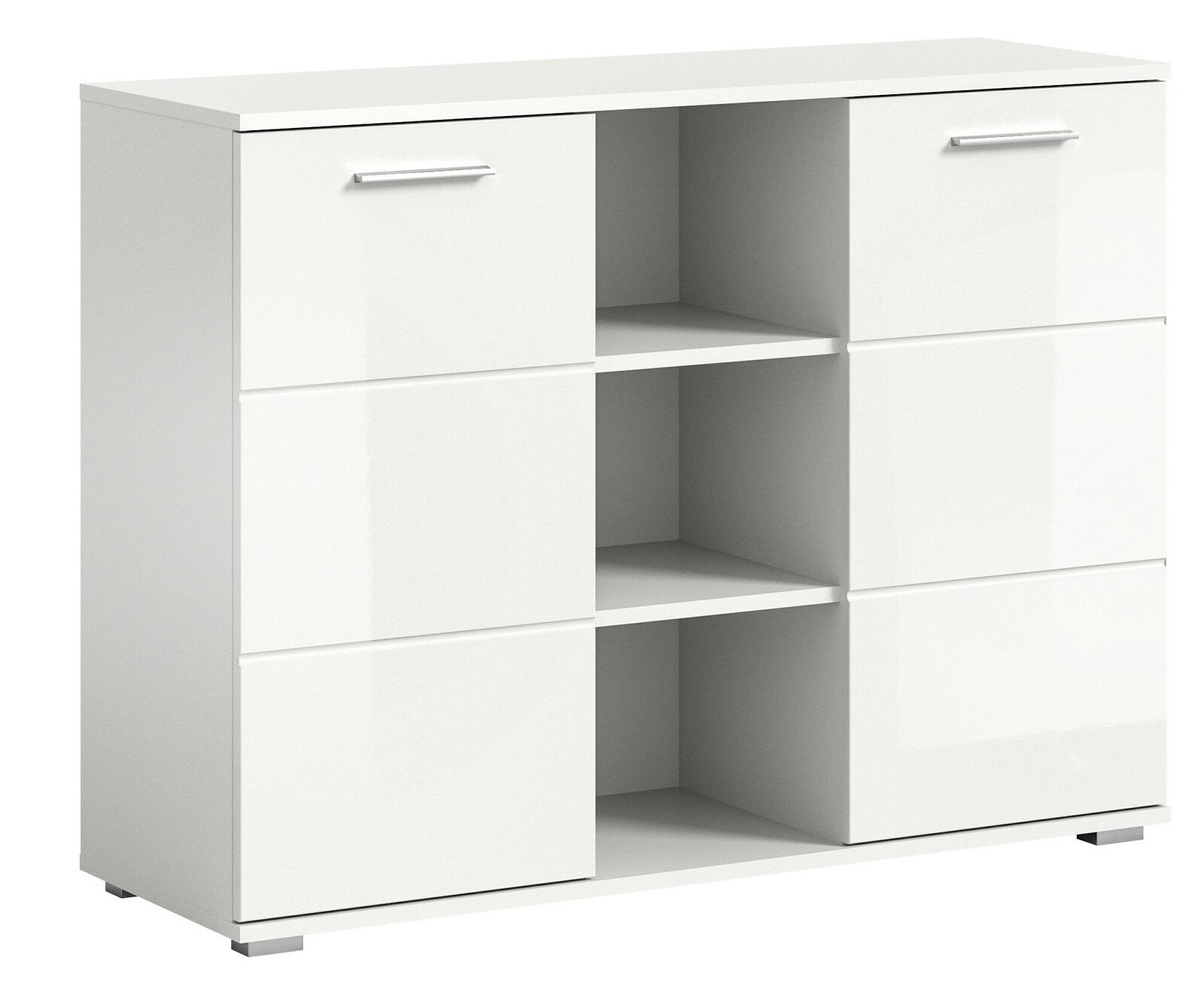 Weiße Kommode mit glänzender Oberfläche, zwei Türen und offenen Regalfächern in der Mitte, perspektivisch von vorne rechts betrachtet.