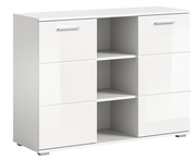 Weiße Kommode mit glänzender Oberfläche, zwei Türen und offenen Regalfächern in der Mitte, perspektivisch von vorne rechts betrachtet.