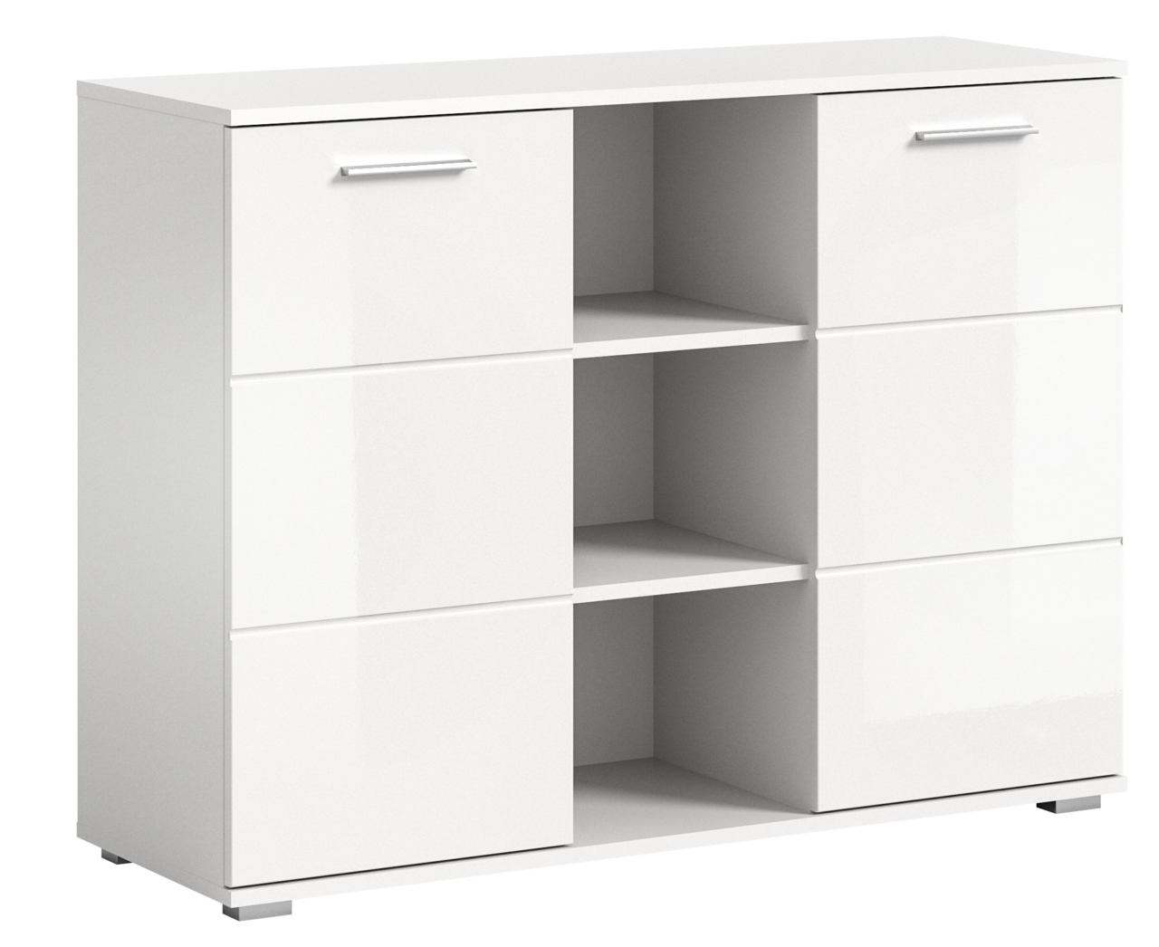 Weiße Kommode mit glänzender Oberfläche, zwei Türen und offenen Regalfächern in der Mitte, perspektivisch von vorne rechts betrachtet.