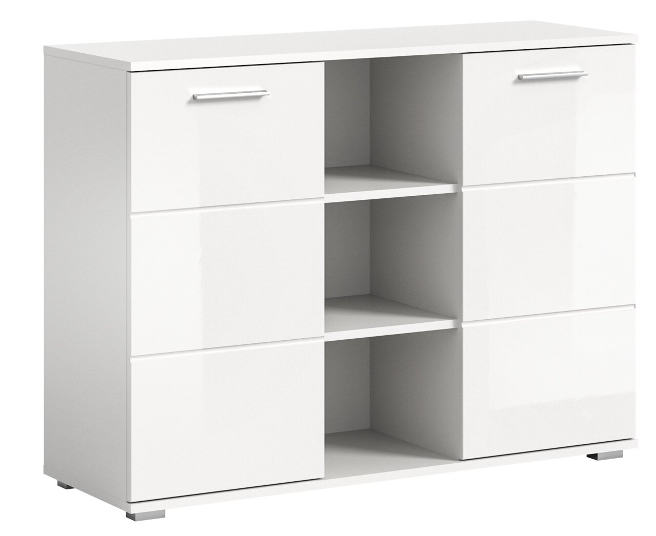 MID.YOU Kommode PREGO Weiße Kommode mit glänzender Oberfläche, zwei Türen und offenen Regalfächern in der Mitte, perspektivisch von vorne rechts betrachtet.