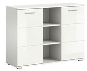 Weiße Kommode mit glänzender Oberfläche, zwei Türen und offenen Regalfächern in der Mitte, perspektivisch von vorne rechts betrachtet.