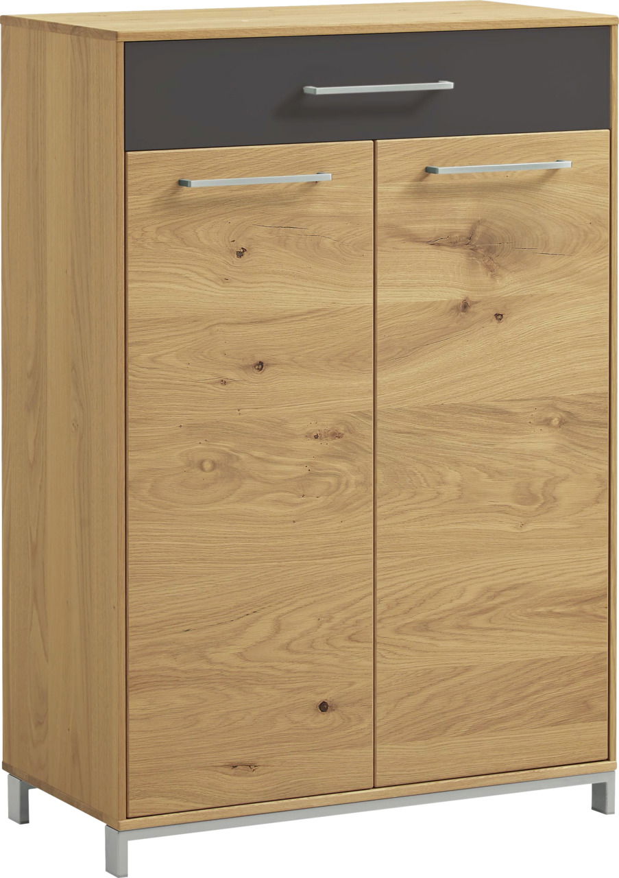 Schuhschrank aus Holz mit zwei Türen und einer Schublade, Frontansicht