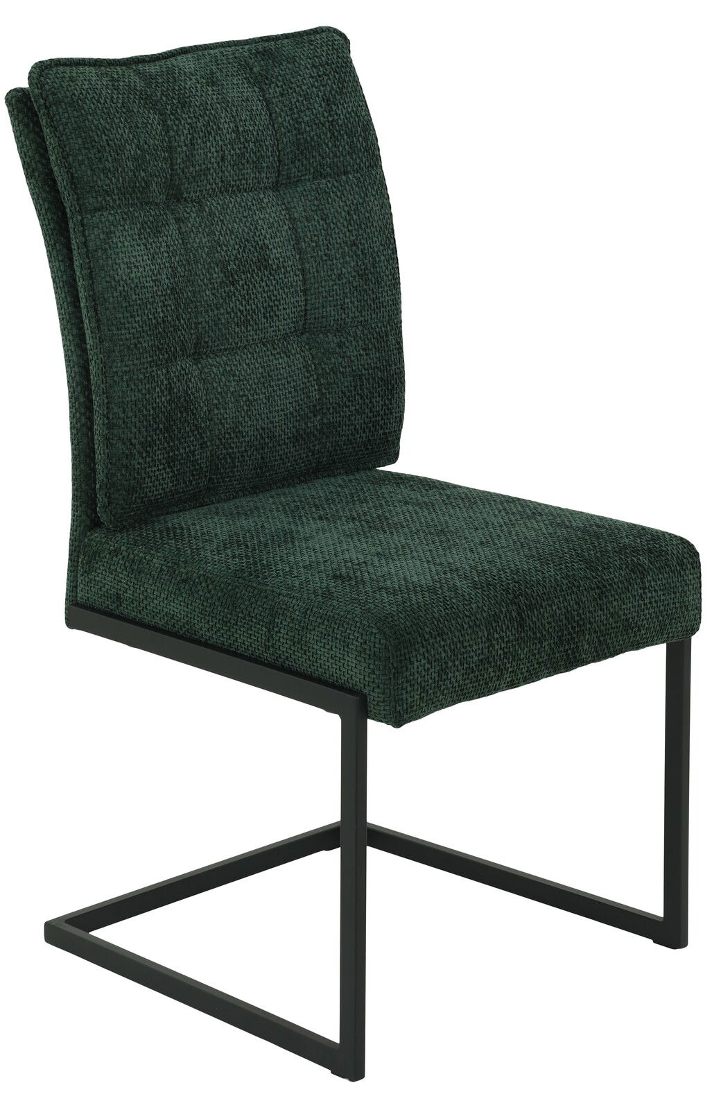 Moderner Schwingstuhl mit grünem Stoffbezug und schwarzem Metallgestell, seitliche Perspektive