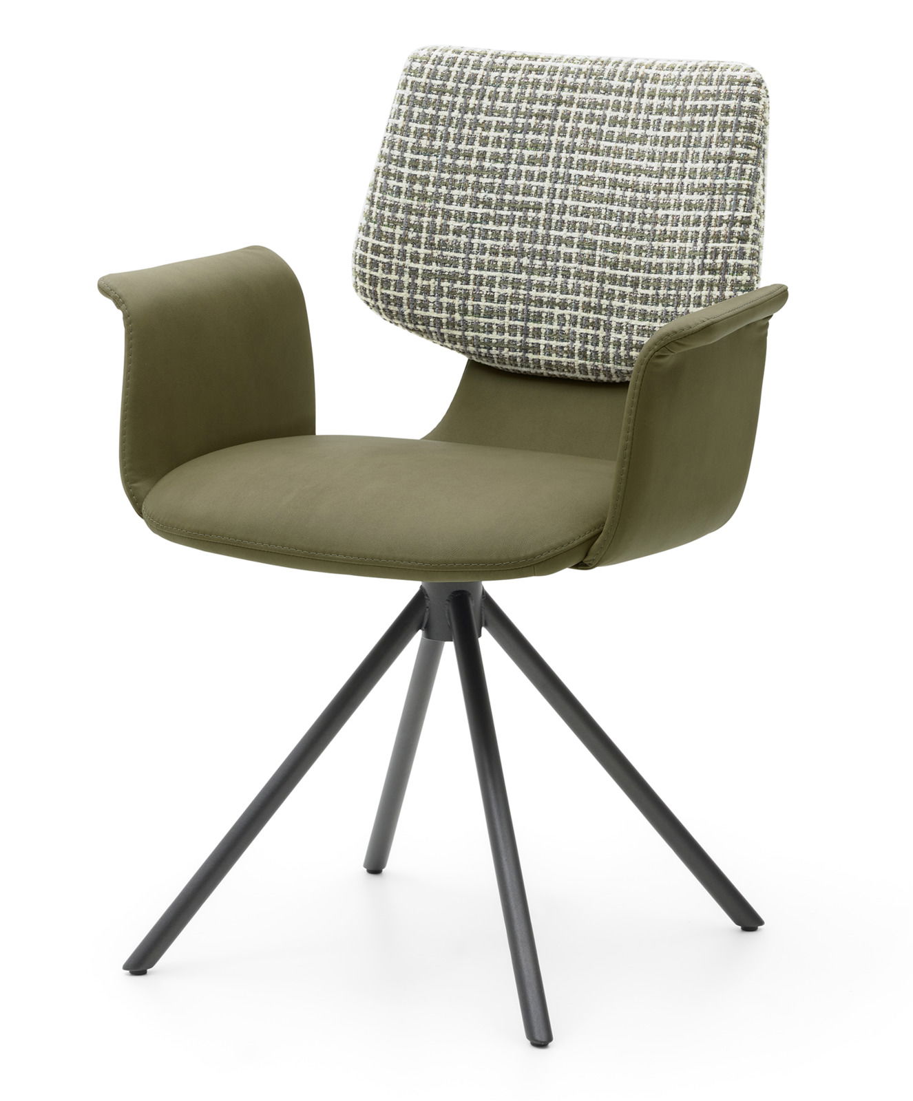 Moderner Sessel mit olivgrünem Sitz und Armlehnen, gemustertem Rückenkissen und schwarzem Metallgestell, seitliche Perspektive