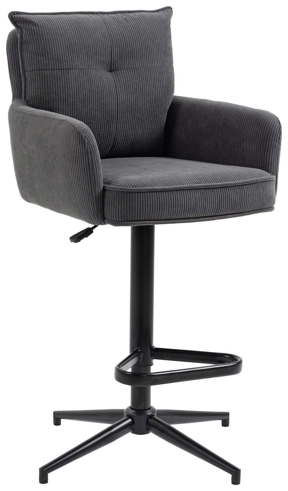 Grauer Barhocker mit Armlehnen und gepolsterter Rückenlehne, seitliche Perspektive