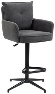 Grauer Barhocker mit Armlehnen und gepolsterter Rückenlehne, seitliche Perspektive