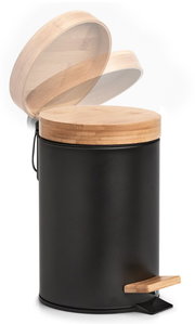 Schwarzer Kosmetikeimer mit Holzdeckel und Pedal, seitliche Perspektive
