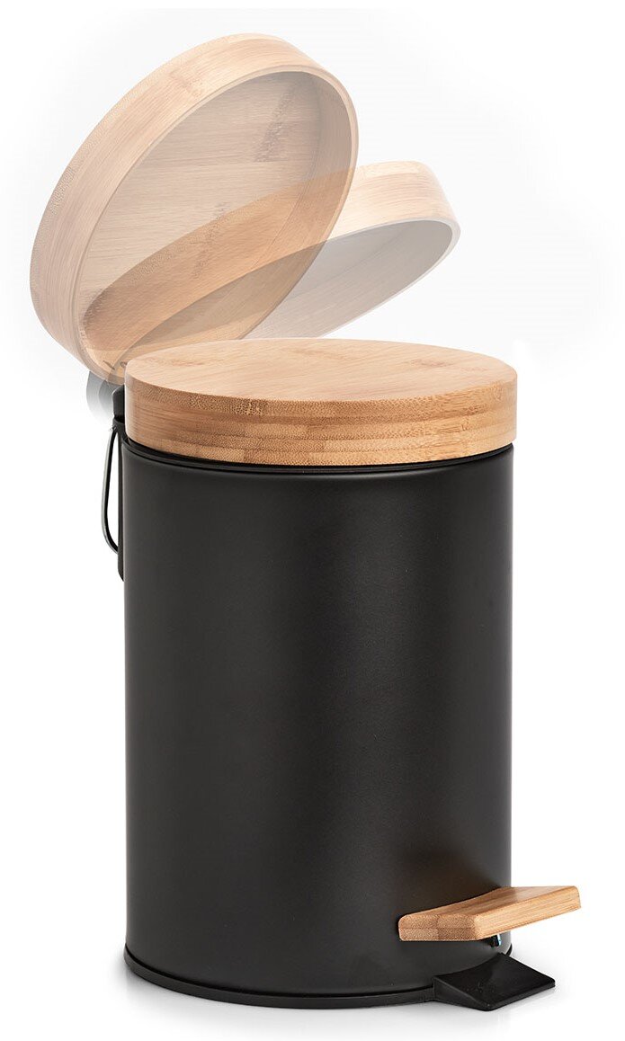 Schwarzer Kosmetikeimer mit Holzdeckel und Pedal, seitliche Perspektive