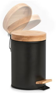 Schwarzer Kosmetikeimer mit Holzdeckel und Pedal, seitliche Perspektive