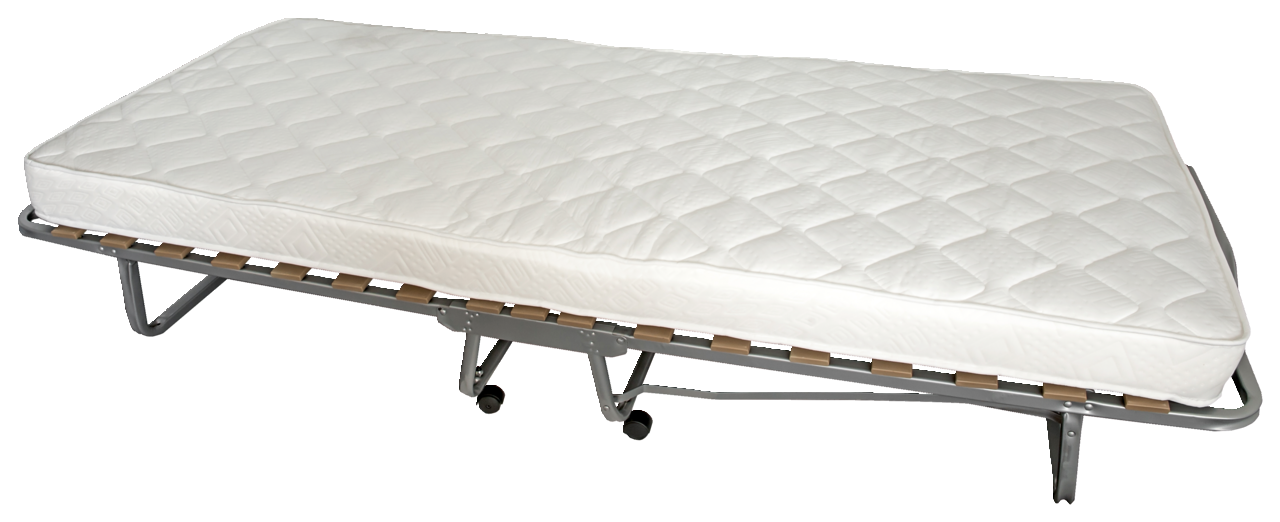 Weißes, gestepptes Klappbett mit Matratze auf Metallrahmen mit Holzlatten und Rollen, schräg von oben in Seitenansicht freigestellt