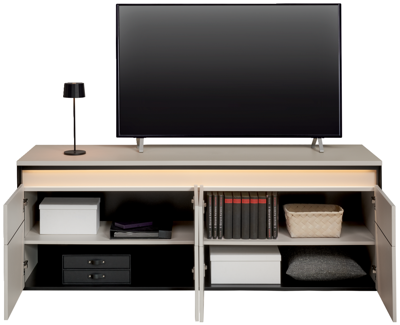 TV-Lowboard mit geöffneten Türen, zeigt Stauraum mit Büchern, Boxen und einem Kissen, frontal betrachtet.