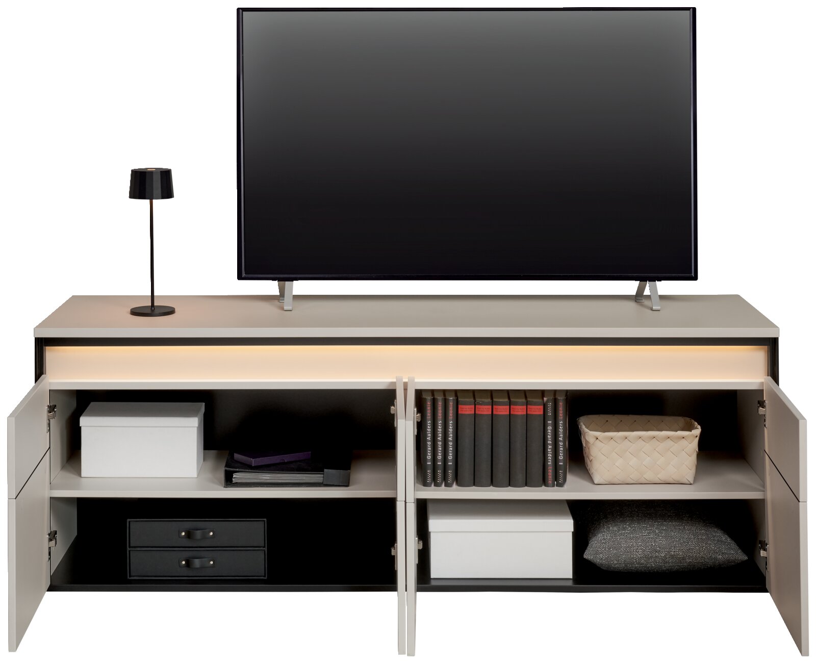 TV-lowboard met open deuren, met daarin opbergruimte met boeken, dozen en een kussen, gezien vanaf de voorkant.