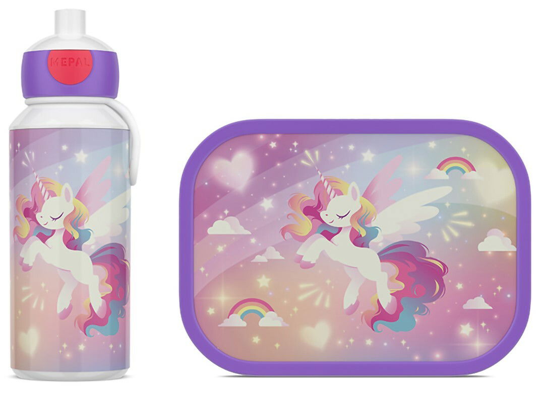 Lunchset mit Einhorn-Motiv, bestehend aus einer Trinkflasche und einer Brotdose, in pastellfarbenem Design mit Regenbogen und Sternen, Vorderansicht