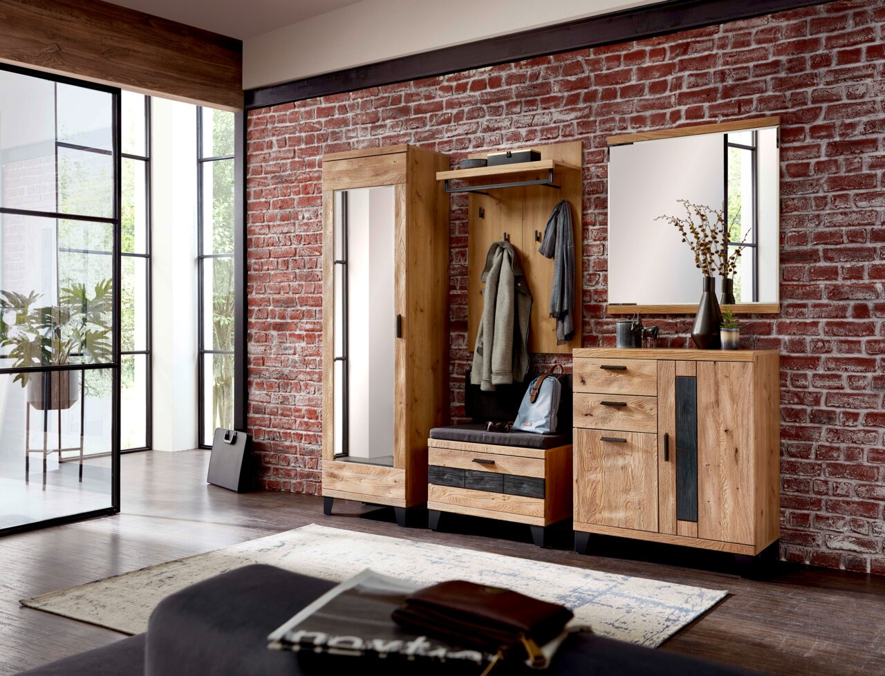 Linea Natura Garderobenbank PERSIKO Moderne Garderobenkombination aus Holz mit Spiegel, Garderobenbank und Schrank, Perspektive von vorne.