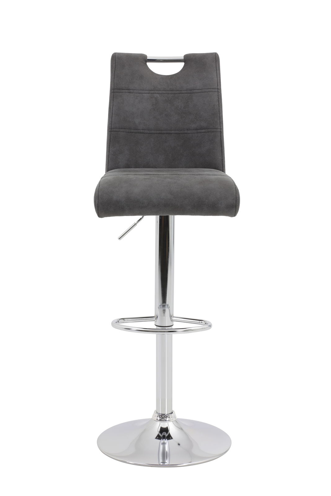 Grauer Barhocker MIRANDA mit gepolsterter Rückenlehne und verchromtem Standfuß, Frontalansicht