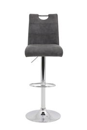 Grauer Barhocker MIRANDA mit gepolsterter Rückenlehne und verchromtem Standfuß, Frontalansicht