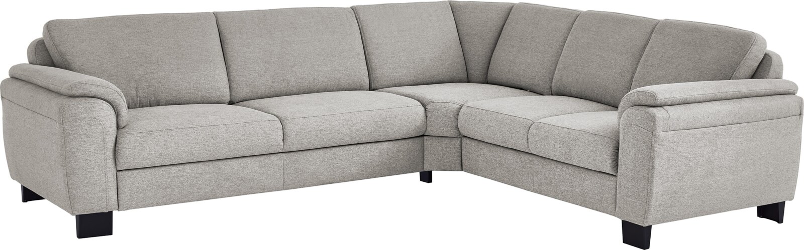 Beldomo System Ecksofa OSAKA-S Hellgraues Stoff-Ecksofa in L-Form mit gepolsterten Rückenlehnen, breiten Armlehnen und schwarzen Füßen, gezeigt in frontaler 3/4-Perspektive von vorne.