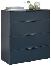 Schubkastenkommode in dunklem Blau mit vier Schubladen, dekoriert mit Büchern und grünen Vasen, seitliche Perspektive