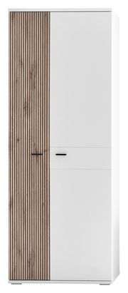 Moderner Garderobenschrank mit einer Kombination aus weißen und holzfarbenen Lamellentüren, Frontalansicht.