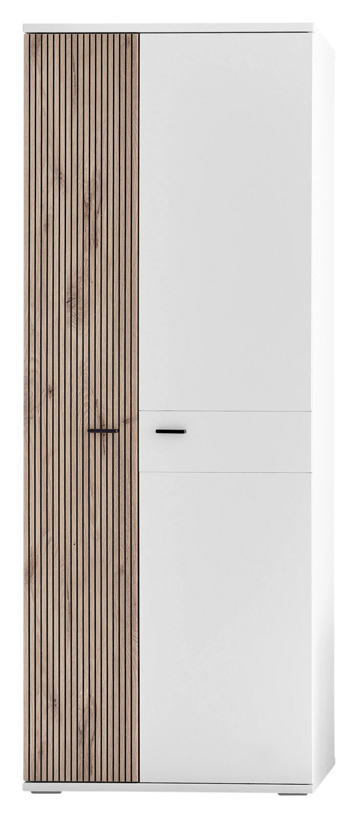 Moderner Garderobenschrank mit einer Kombination aus weißen und holzfarbenen Lamellentüren, Frontalansicht.
