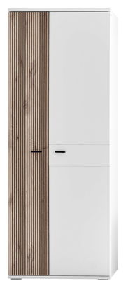 Moderner Garderobenschrank mit einer Kombination aus weißen und holzfarbenen Lamellentüren, Frontalansicht.