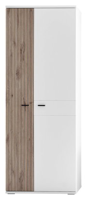 Moderner Garderobenschrank mit einer Kombination aus weißen und holzfarbenen Lamellentüren, Frontalansicht.