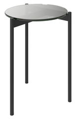 Runder Beistelltisch mit Glasplatte und schwarzem Metallgestell, seitliche Perspektive