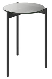 Runder Beistelltisch mit Glasplatte und schwarzem Metallgestell, seitliche Perspektive