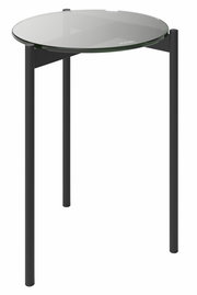 Runder Beistelltisch mit Glasplatte und schwarzem Metallgestell, seitliche Perspektive