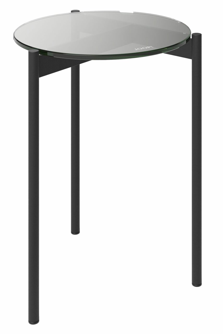 Runder Beistelltisch mit Glasplatte und schwarzem Metallgestell, seitliche Perspektive