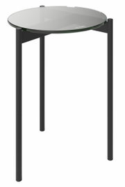Runder Beistelltisch mit Glasplatte und schwarzem Metallgestell, seitliche Perspektive