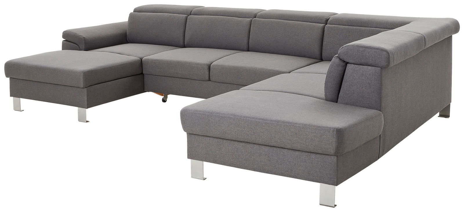 Graues Ecksofa in U-Form mit moderner Polsterung und Metallfüßen, Perspektive von vorne links