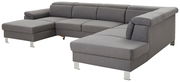 Graues Ecksofa in U-Form mit moderner Polsterung und Metallfüßen, Perspektive von vorne links