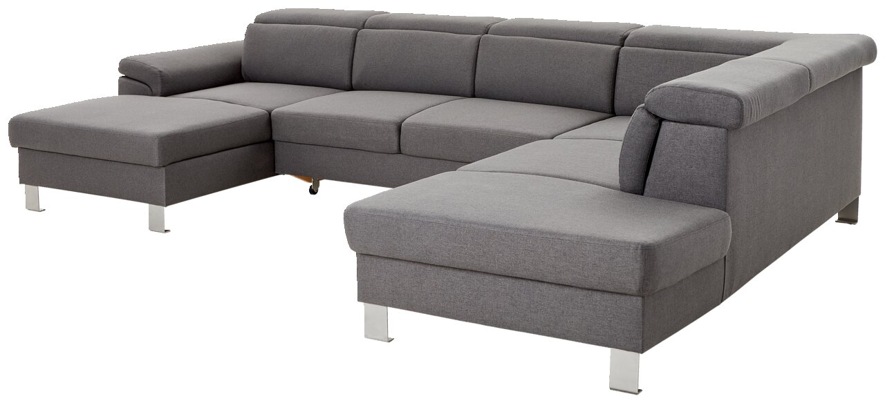 Graues Ecksofa in U-Form mit moderner Polsterung und Metallfüßen, Perspektive von vorne links