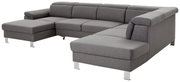 Grijze hoekbank in U-vorm met moderne bekleding en metalen poten, gezien vanaf links vooraan
