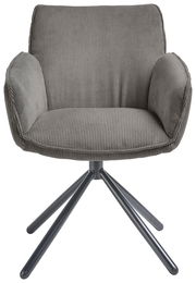 Grauer Armlehnstuhl mit geripptem Stoffbezug und schwarzem Metallgestell, Frontalansicht