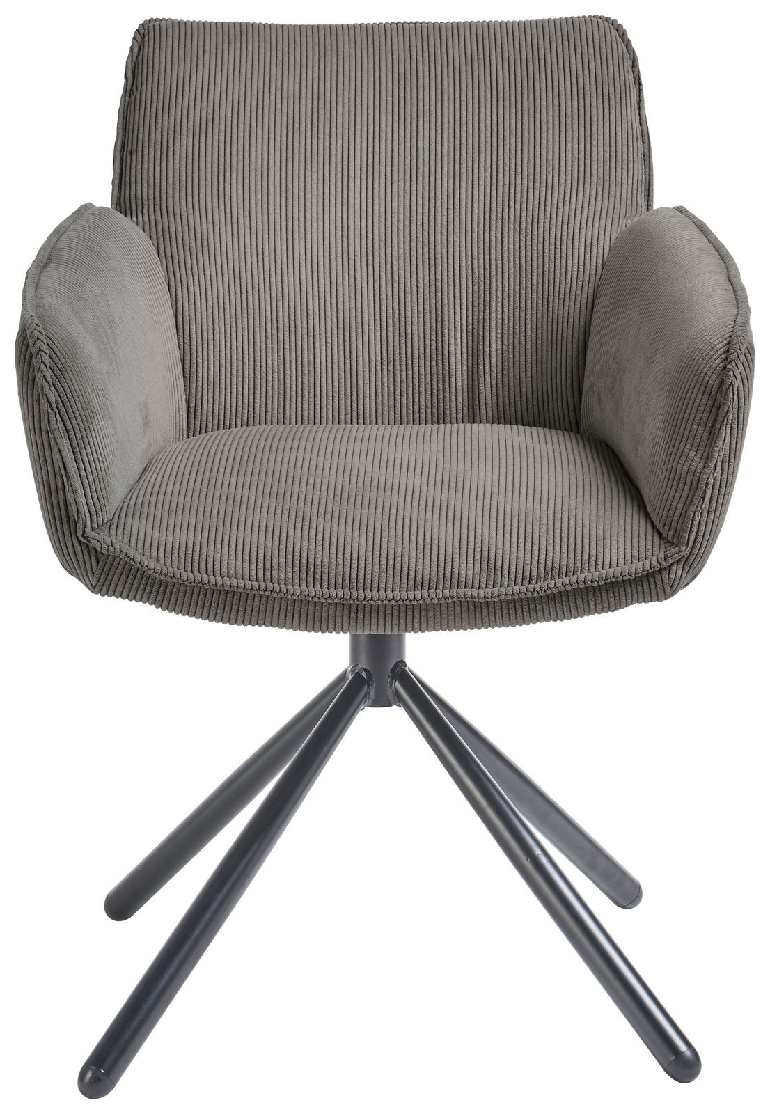 Grauer Armlehnstuhl mit geripptem Stoffbezug und schwarzem Metallgestell, Frontalansicht