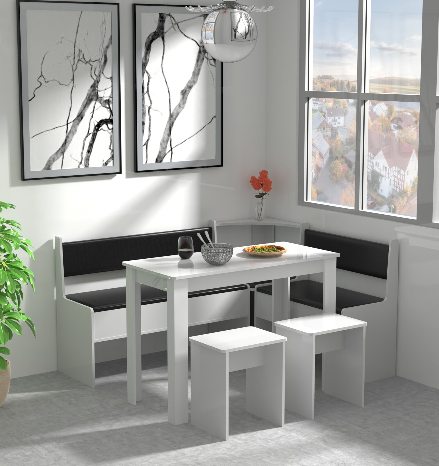 Modernes weißes Esszimmer-Set mit rechteckigem Tisch, Eckbank mit schwarzen Sitzpolstern und zwei Hockern in heller Raumszene Perspektive: leicht erhöhte Frontansicht von schräg links