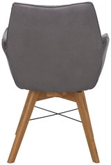 Rückansicht eines grauen Armlehnenstuhls mit Holzbeinen