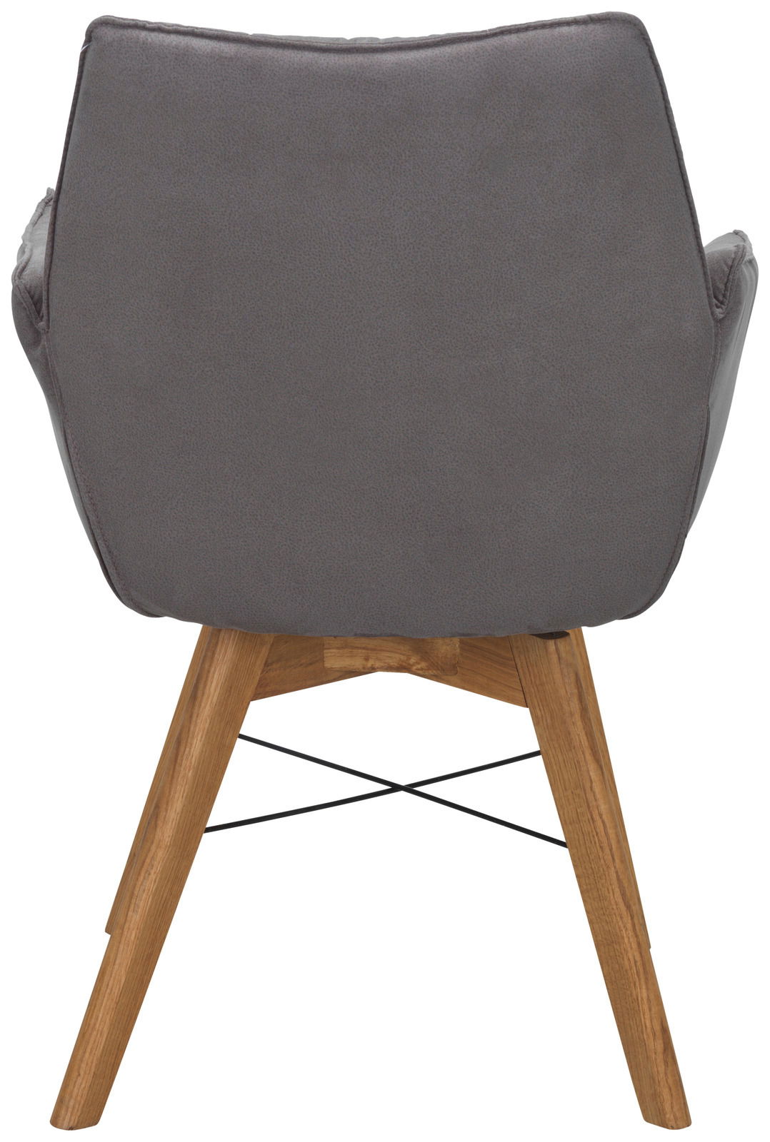 Rückansicht eines grauen Armlehnenstuhls mit Holzbeinen