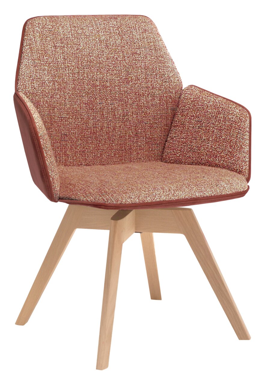 Moderner Armlehnstuhl mit rotem Stoffbezug und hellen Holzbeinen, seitliche Perspektive