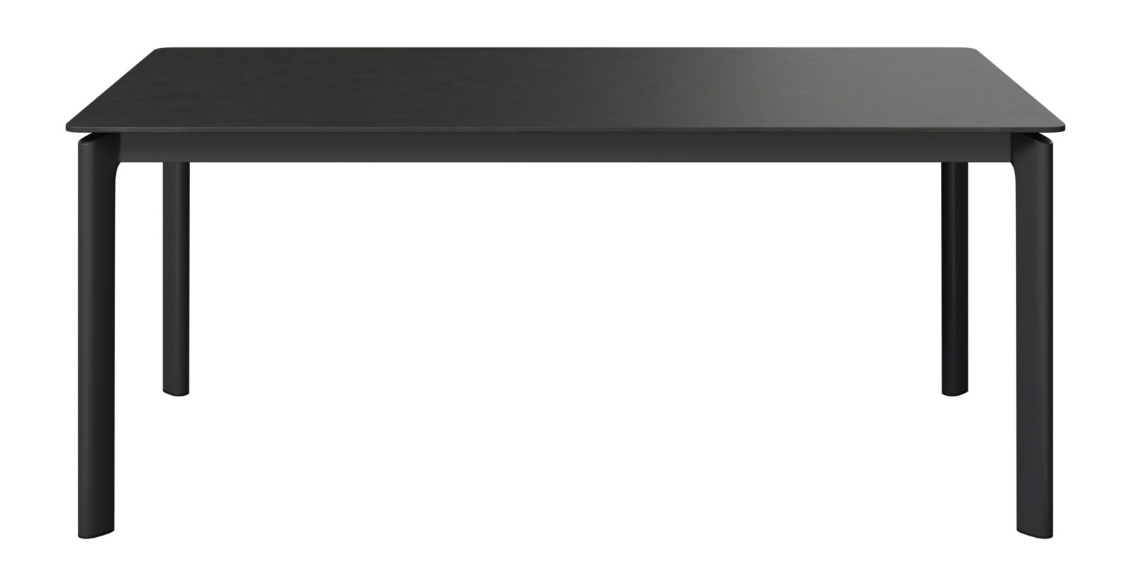 Moderner schwarzer Gartentisch aus Metall, frontal betrachtet.