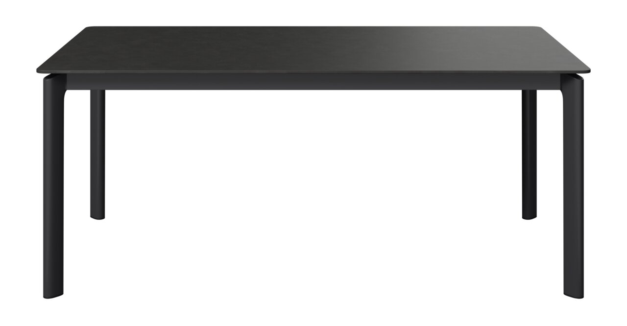 Moderner schwarzer Gartentisch aus Metall, frontal betrachtet.