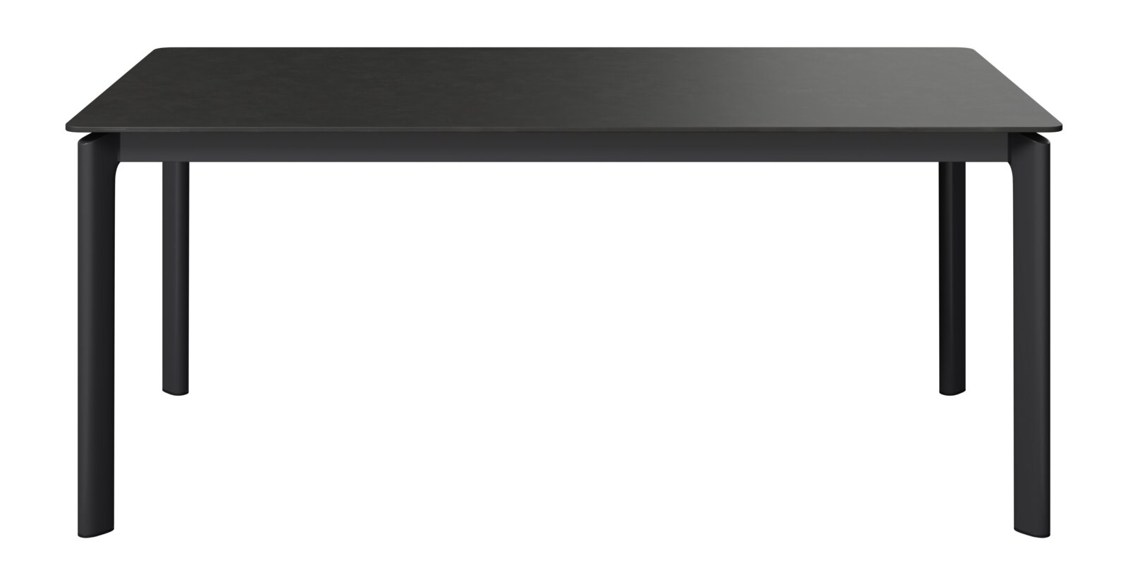 Moderner schwarzer Gartentisch aus Metall, frontal betrachtet.