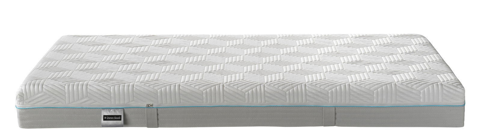 Seitliche Ansicht einer Gel-Kaltschaummatratze mit geometrischem Muster und blauer Zierleiste.